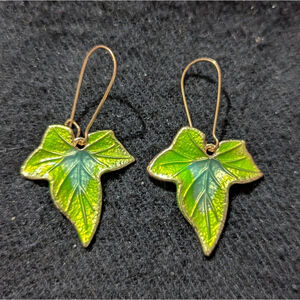 Gold Tone Green Ivy Leaf Drop Dangle Statement Earrings